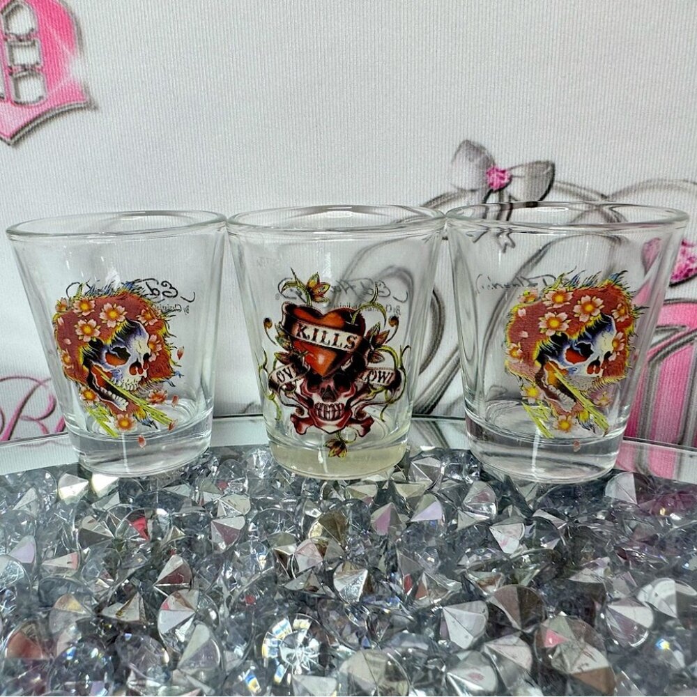 3 don ed hardy shot glasses mini glasses glass tattoo brand drinking bar ware